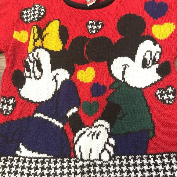 Vintage 90s Disney Mickey Minnie Mouse Sweater Kids Medium 7/9 Red Knit Retro - Picture 4 of 8